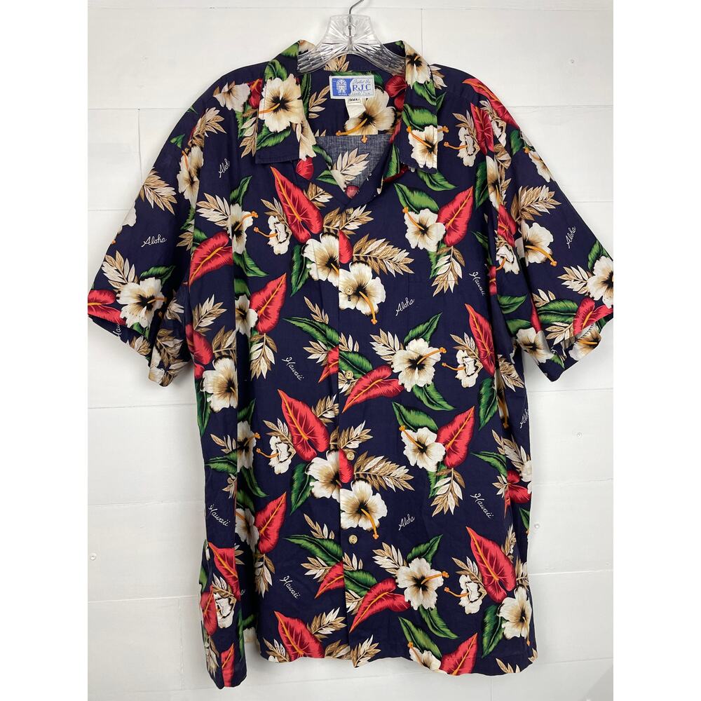 Vtg Styled by RJC Hawaiian Shrt Men 3XL Navy Hibiscus Floral Made USA Aloha Camp